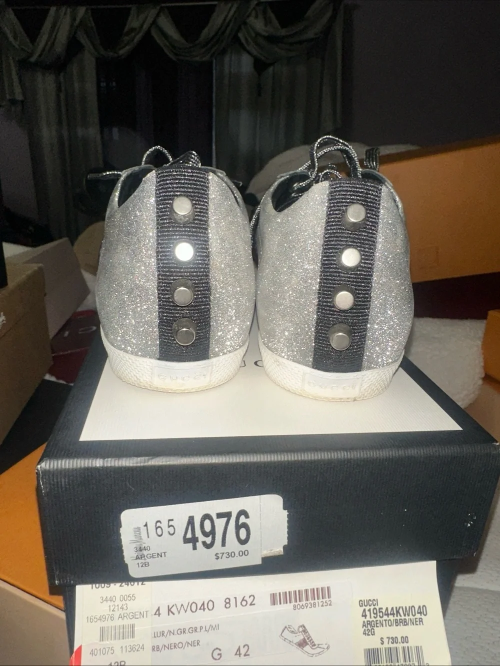 Gucci Silver Glitter Sneakers with Black Ribbon Detail